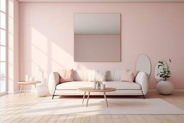 A Pretty Soft Pink and Clean Lounge with a Big Mirror and Sunrays coming in from a Big Window. Natural Lighting.