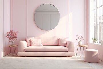 A Pretty Soft Pink and Clean Lounge with a Big Mirror and Sunrays coming in from a Big Window. Natural Lighting.