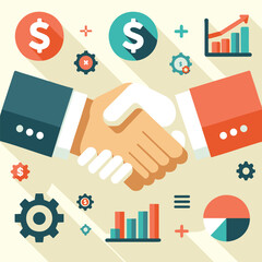 Vector handshake with business icons on solid-colored backdrop.