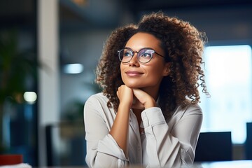 A Professional Close up of a Brunette Woman standing in her House looking at the Lens. Curly Hairs.
