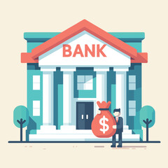 Minimalist bank building vector with individual holding money bag.