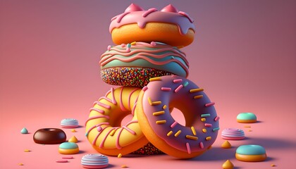 Ai generated illustration of colorful donuts with a  pink background