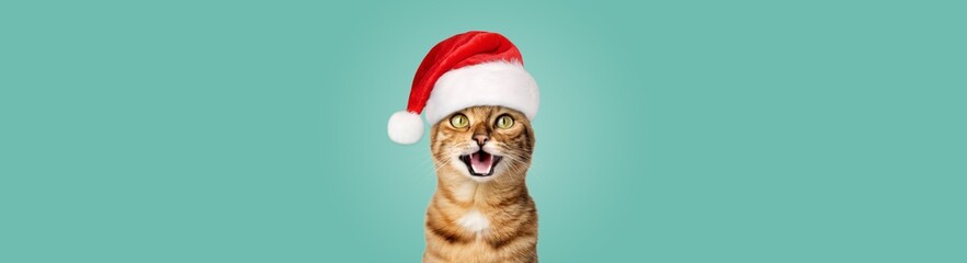 A joyful cat in a Santa hat smiles.