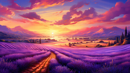 a painting of a lavender field with a sunset in the background.  generative ai
