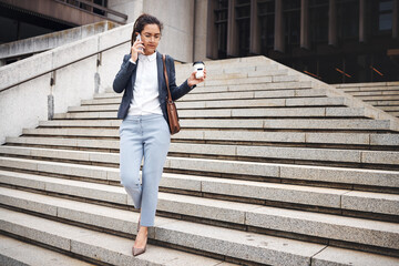 Stairs, city phone call and business woman walk, travel and talking on cellphone communication,...