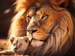 Huge Lion taking care of his little Son. Tiny Lion protected by his Father. Cute Composit. Animal Love.