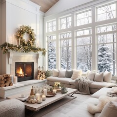 Luxurious Interior Design of a Modern House decorated for Christmas Event. 25th December is coming. Cold Winter Day, Snowy Day.