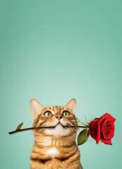 Charming Bengal cat with a rose in his teeth - obrazy, fototapety, plakaty