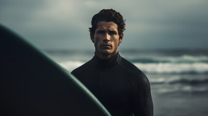 Portrait of good looking masculine male surfer with dark hair & black wetsuit, surfboard on the beach, ocean in the background