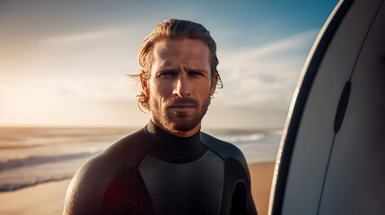Portrait of attractive charismatic blonde male surfer with wet hair, dark wetsuit, and surfboard, on the beach at sunset with the  ocean in the background