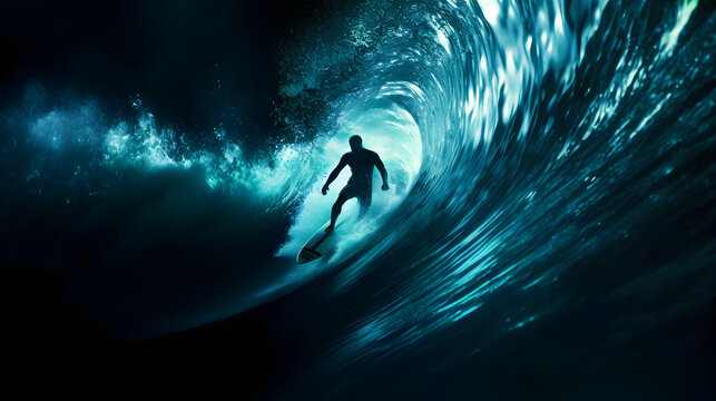 Silhouette of a surfer riding his surfboard inside the tunnel of a hollow wave. Epic surfing action poster. Dark blue ocean background with light from the barrel of the breaking wave & copy space.