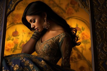 Gorgeous brunette arab woman in traditional boudoir style clothes - obrazy, fototapety, plakaty