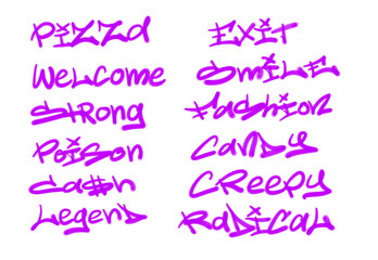 Collection of graffiti street art tags with words and symbols in violet color on white background