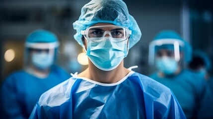 Group of healthcare professionals wearing protective equipment in a hospital setting. AI-generated.