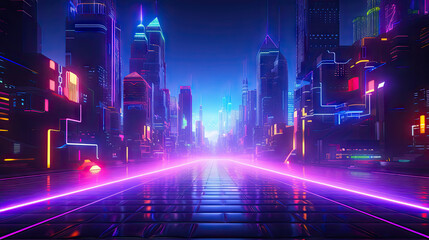 Fototapeta na wymiar a futuristic city at night with neon lights and neon lines. generative ai