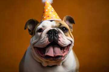 Portrait of a happy English bulldog with a bright spot on his face and his tongue hanging out, wearing a birthday cap on his birthday on a brown studio background. Animal love concept.