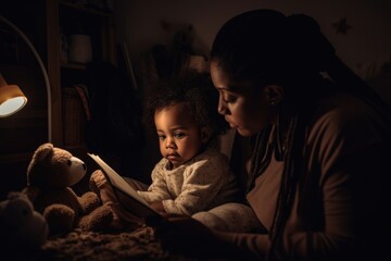 An african american toddler and his mother reading a book together, engrossed in a story in a cozy room. Mother's day. Spending time together. Son's day. 