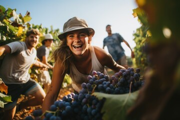 A young people enjoying harvest time together outdoors in the countryside, as they engage in grape...
