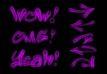 Collection of graffiti street art tags with words and symbols in purple color on black background