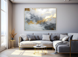 Gold and silver abstract painting in a living room.