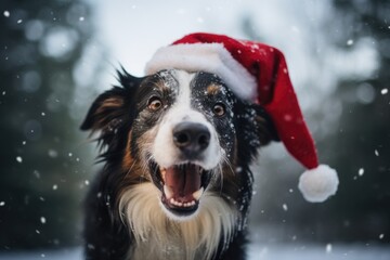 A funny playful dog donning a slightly askew Santa hat, sporting a mischievous look while trying to capture descending snowflakes, injecting festive mirth into the holiday period.