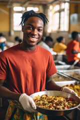 A portrait of a black african american teenage boy engaging in volunteer work in a soup kitchen, community service. Charity organization. 