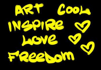Collection of graffiti street art tags with words and symbols in yellow color on black background