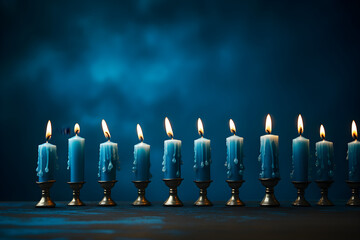 Candles burning with a blue background on Hanukkah, - obrazy, fototapety, plakaty