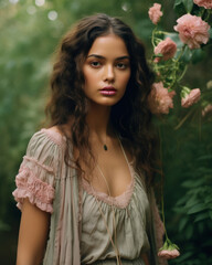 Naklejka premium Generative ai fashionable woman posing outdoors in floral garden