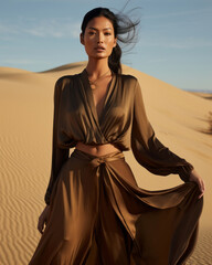 Generative ai fashionable asiatic woman posing outdoors in desert dunes