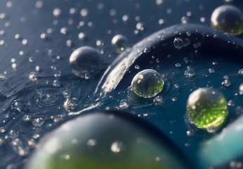 Psychedelic water droplets in vibrant rainbow liquid, a captivating close-up showcasing fluid dynamics.