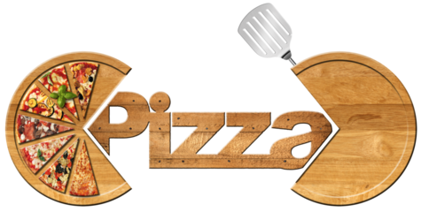 Wooden symbol with pizza slices and text Pizza isolated on white or transparent background, png. 3D illustration and photography. Pizzeria logo.