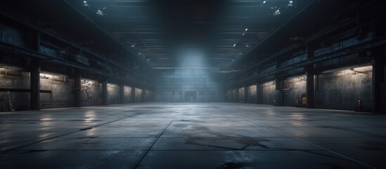 Empty warehouse transformed by striking lighting. - obrazy, fototapety, plakaty