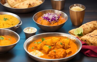 Traditional Indian food on the wooden table, bokeh lights background, celebration atmosphere