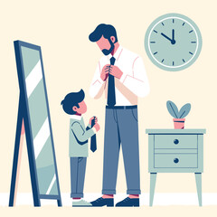 Father Teaching Son Tie Tying Vector Illustration