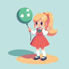 Schoolgirl with Green Balloon and Star Patterns Vector Design