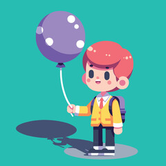 Schoolboy with Purple Polka Dot Balloon Vector Illustration