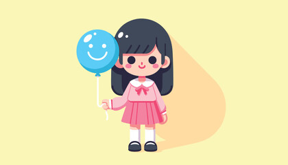 Schoolgirl with Blue Smiley Balloon Vector Design