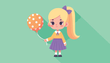 Schoolgirl with Orange Polka Dot Balloon Vector Design