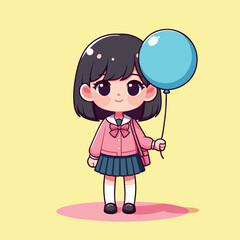 Schoolgirl with Blue Balloon and School Bag Vector Design