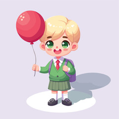 Schoolboy with Red Balloon and Backpack Vector Design