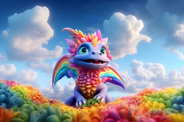 Super cute rainbow baby dragon with big eyes. Fantasy monster. Small Funny Cartoon character with smile. Fairytale animal. Blue sky with white clouds. Full body. 3d illustration for children. Ai - obrazy, fototapety, plakaty