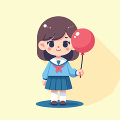 Schoolgirl with Red Balloon and Blue Uniform Vector Design