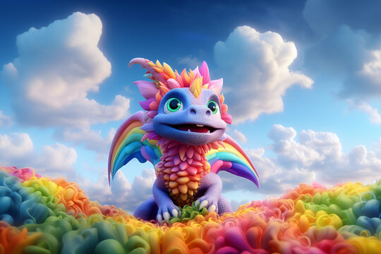 Super cute rainbow baby dragon with big eyes. Fantasy monster. Small Funny Cartoon character with smile. Fairytale animal. Blue sky with white clouds. Full body. 3d illustration for children. Ai