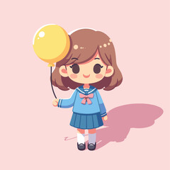 Schoolgirl with Yellow Balloon and Blue Uniform Vector Illustration