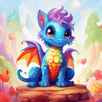 Super cute rainbow baby dragon with big eyes. Fantasy monster. Small Funny Cartoon character with smile. Fairytale animal. Full body. 3d illustration for children. Ai