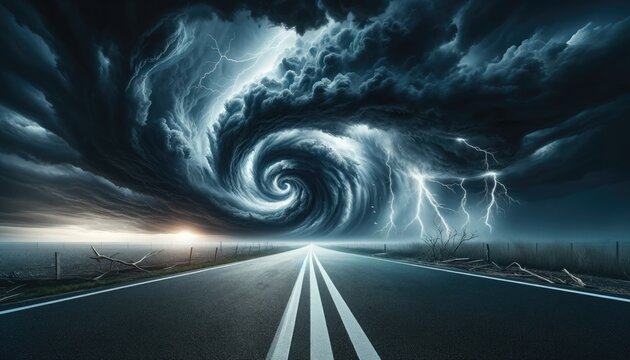 A dramatic tornado spirals over a desolate highway, surrounded by electrifying lightning strikes, depicting nature's fury and awe-inspiring power.