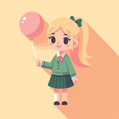 Schoolgirl with Pink Balloon and Green Uniform Vector Illustration