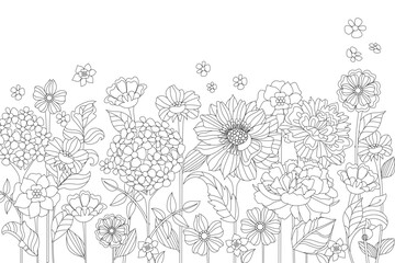 garden meadow of stylised flowers. coloring book page for adults - 672303018