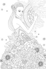 beautiful fashion chinese lady with a fan in blossoming dress. c